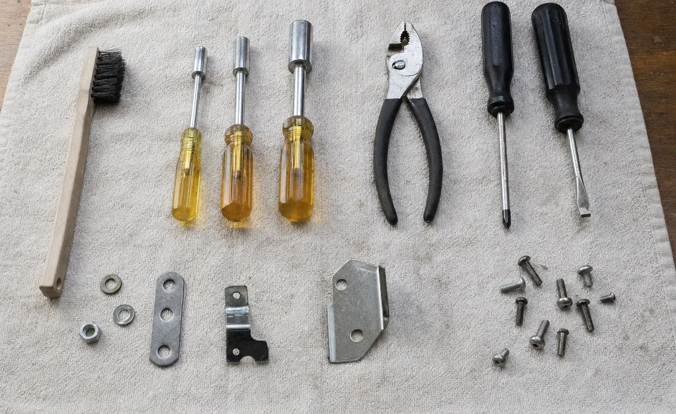A wire brush, three nut drivers, pliers and screwdrivers arranged on a cloth with washers and brackets